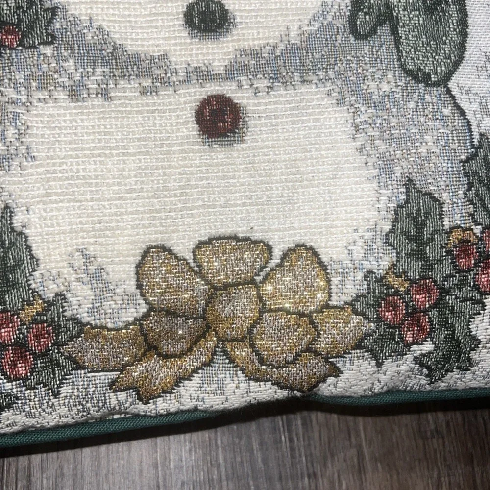 2 Tapestry Christmas Throw Pillows Snowman And Winter Scene